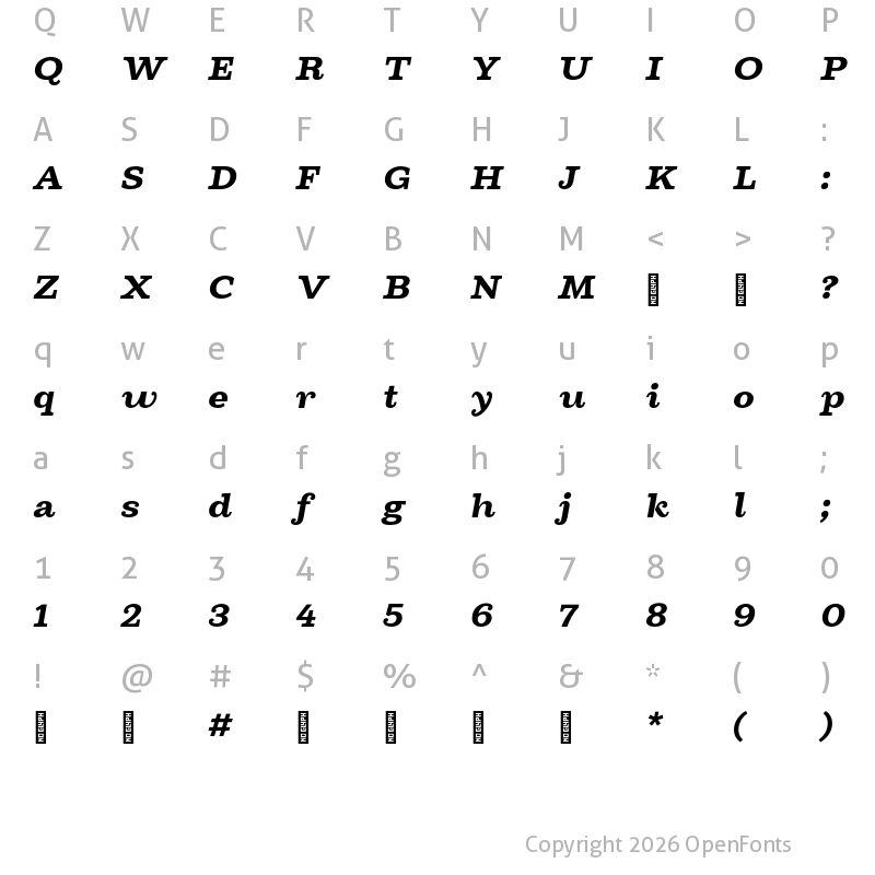 Character Map of Cagney Trial ExtraBold Italic