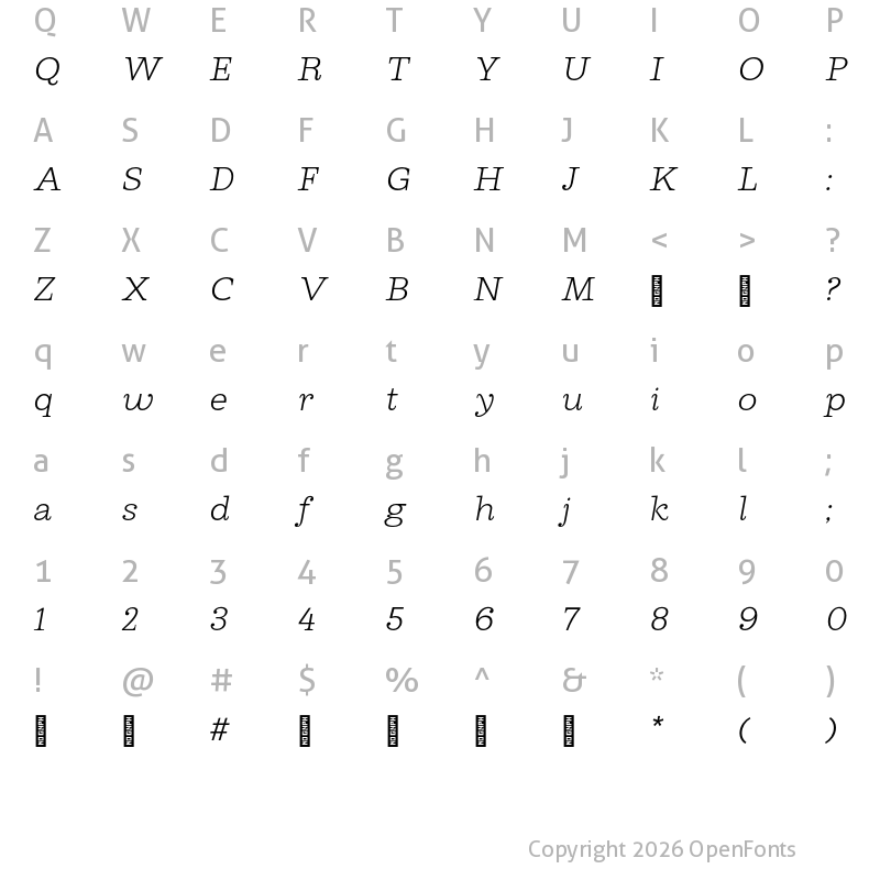 Character Map of Cagney Trial Light Italic
