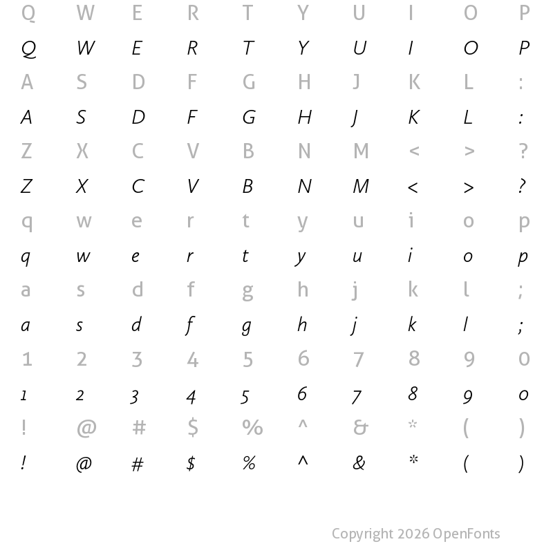 Character Map of Calluna Sans Light Italic