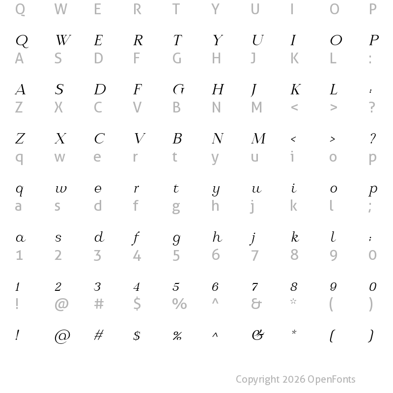 Character Map of Calmius Extra Light Italic