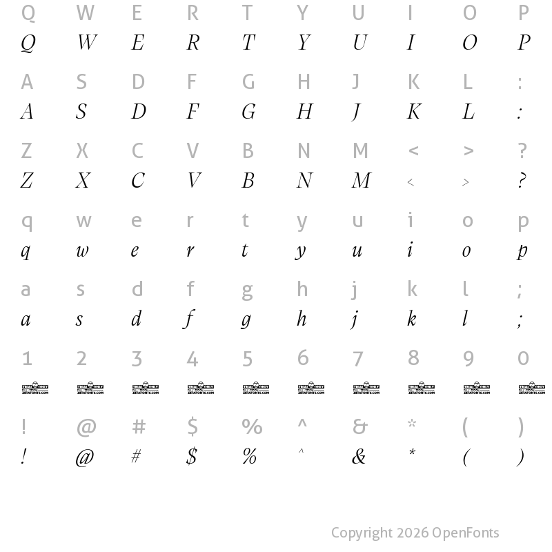 Character Map of Calvino Grande Trial Light Italic