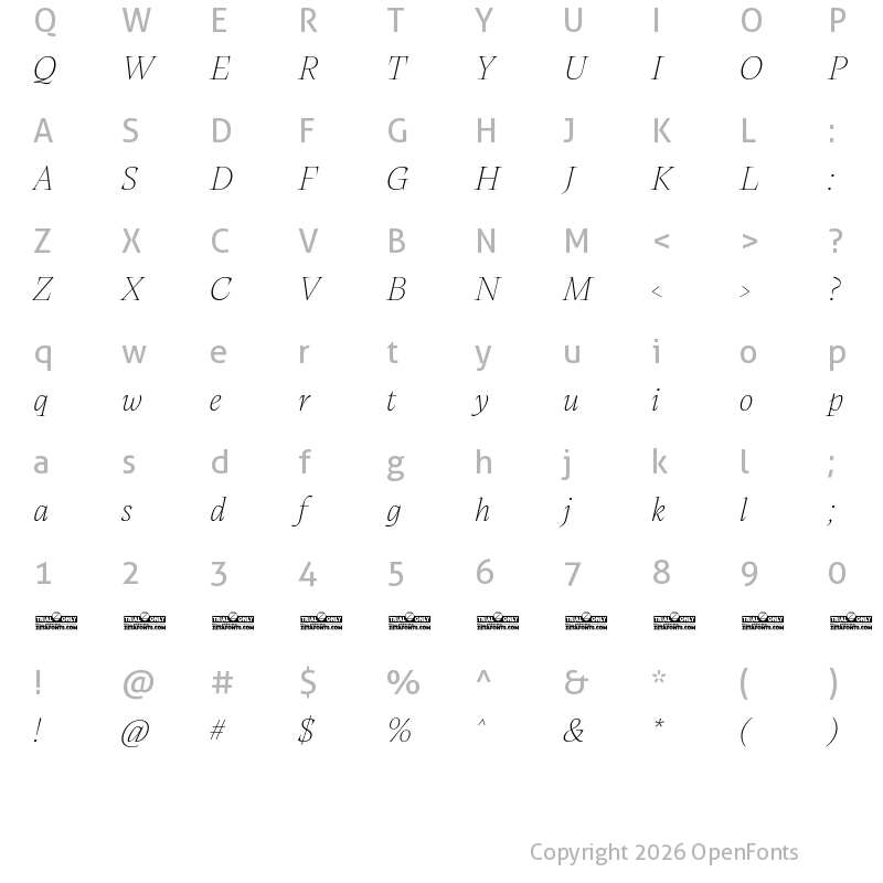 Character Map of Calvino Grande Trial Thin Italic