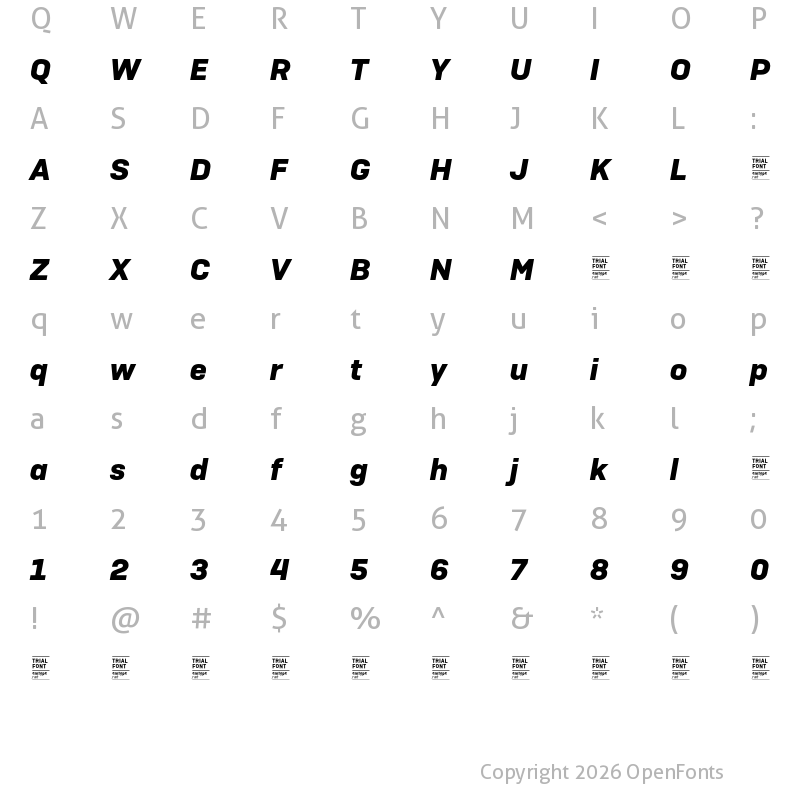 Character Map of Camber TRIAL Bold Italic