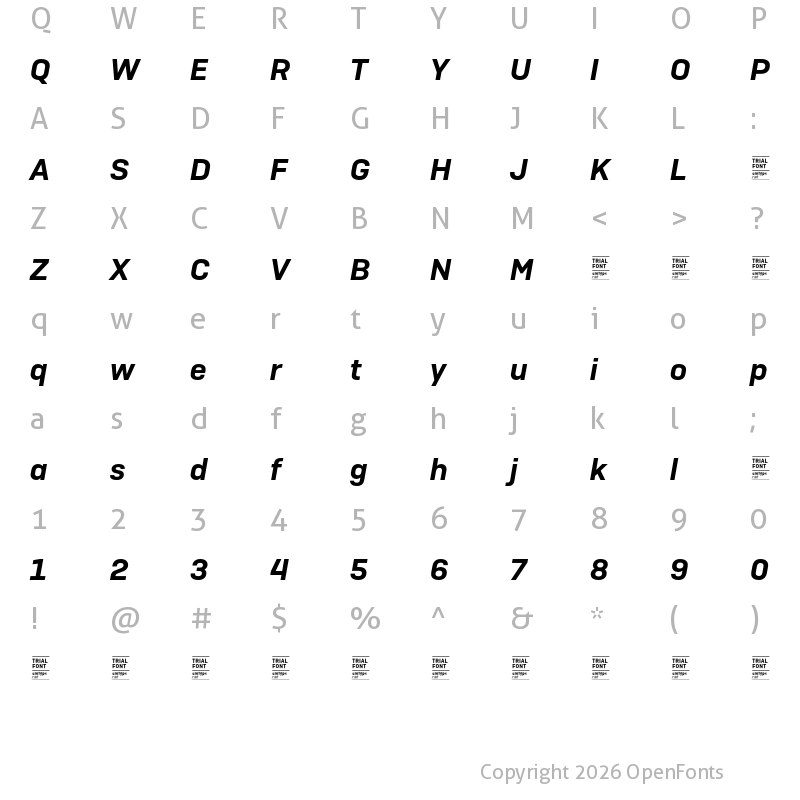 Character Map of Camber TRIAL SemiBold Italic