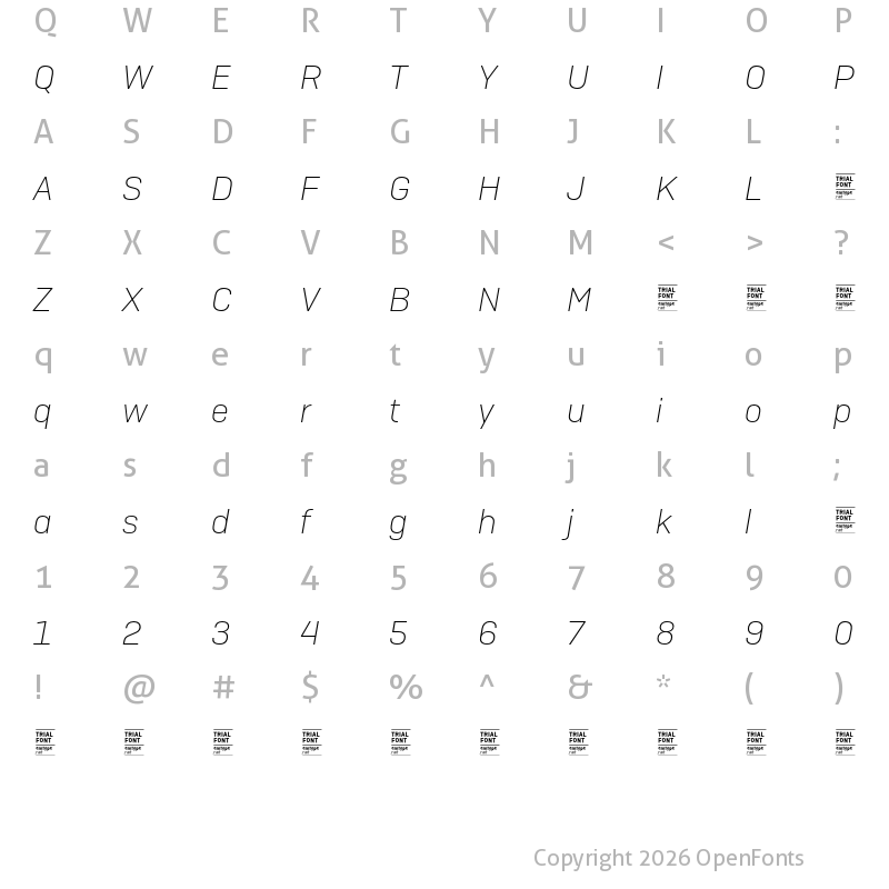 Character Map of Camber TRIAL UltraLight Italic