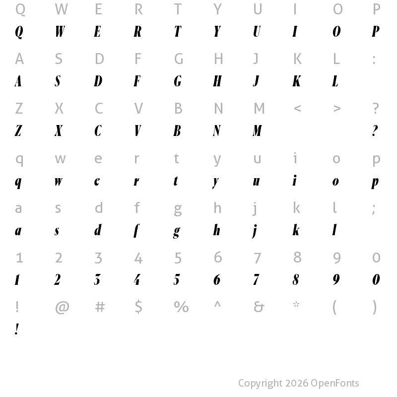 Character Map of Canela Condensed Trial Black Italic