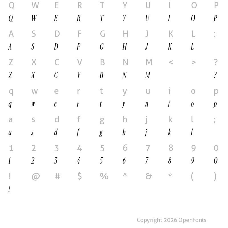 Character Map of Canela Condensed Trial Regular Italic