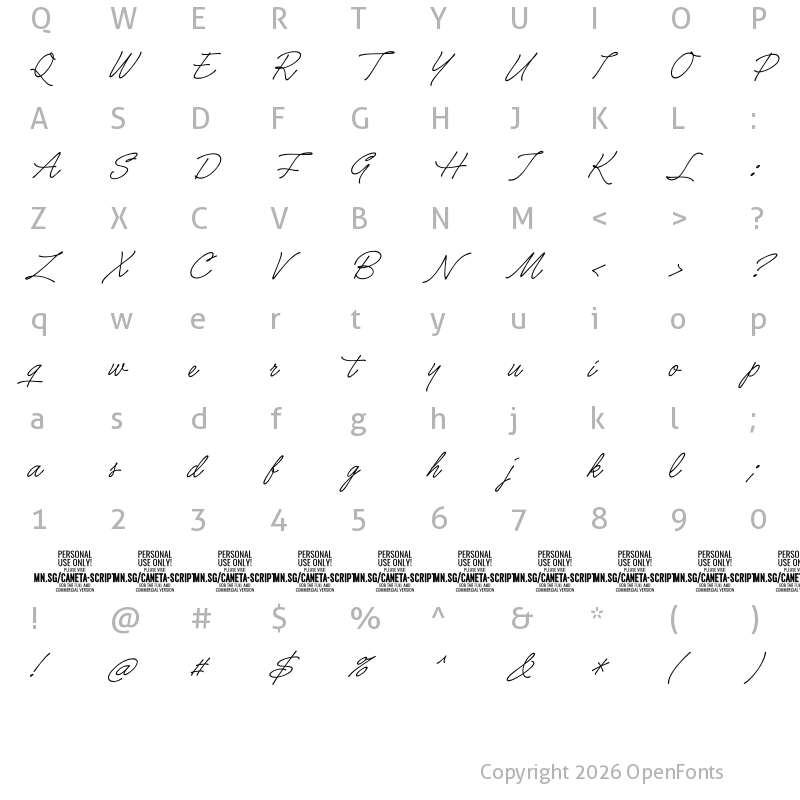 Character Map of Caneta Script PERSONAL USE Regular