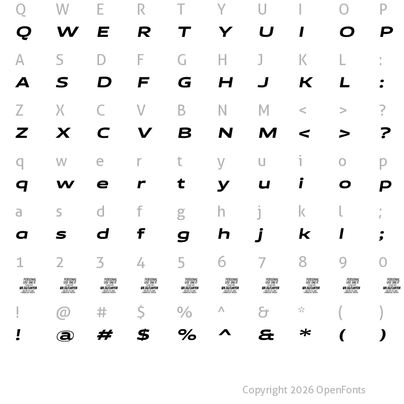 Character Map of Canyon PERSONAL USE ONLY ExtraBold Italic