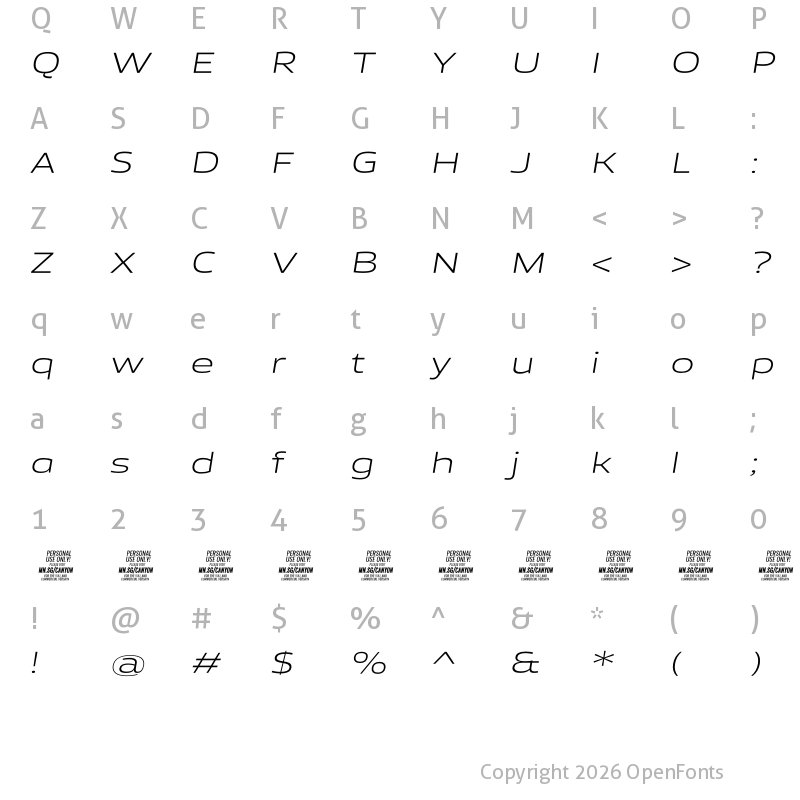 Character Map of Canyon PERSONAL USE ONLY Light Italic