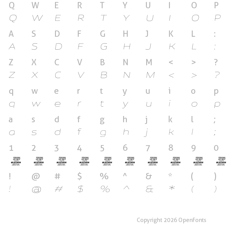 Character Map of Canyon PERSONAL USE ONLY Thin Italic