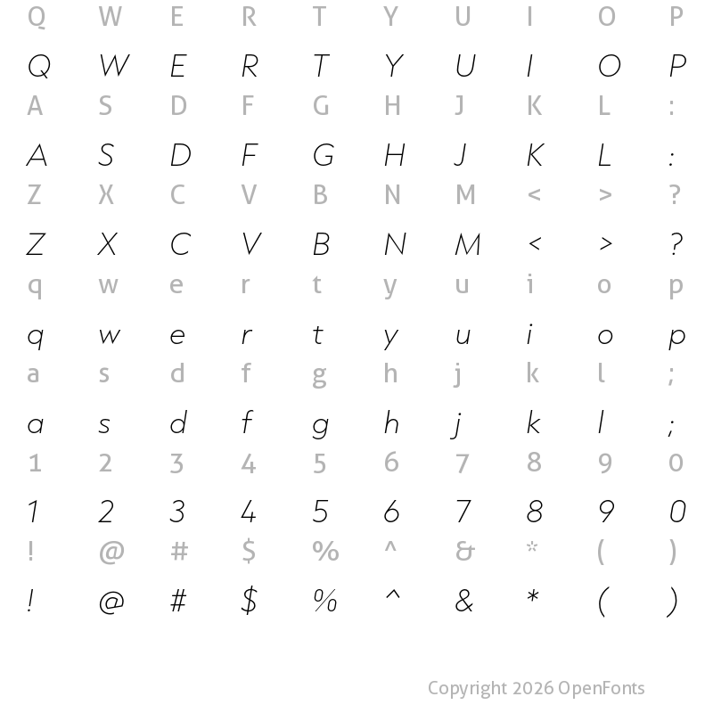 Character Map of Capitana Thin Italic