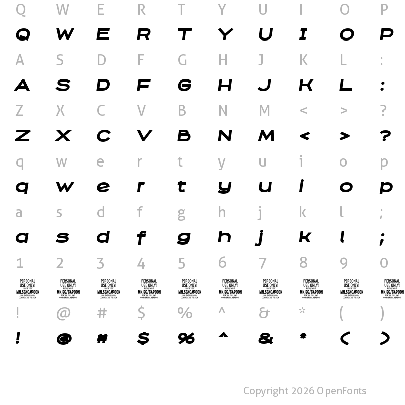 Character Map of Capoon PERSONAL USE Black Italic