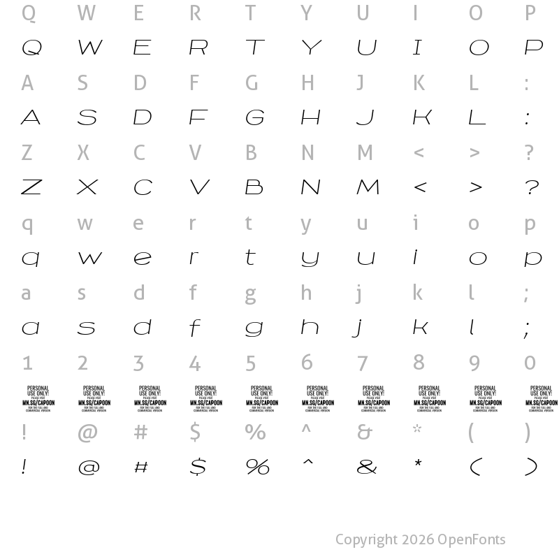 Character Map of Capoon PERSONAL USE Light Italic