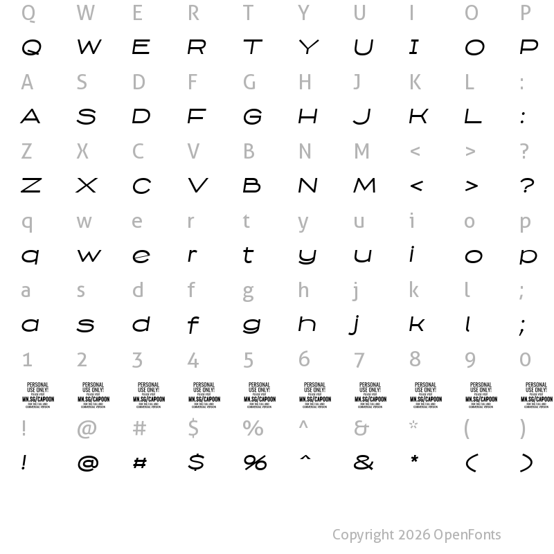 Character Map of Capoon PERSONAL USE Medium Italic