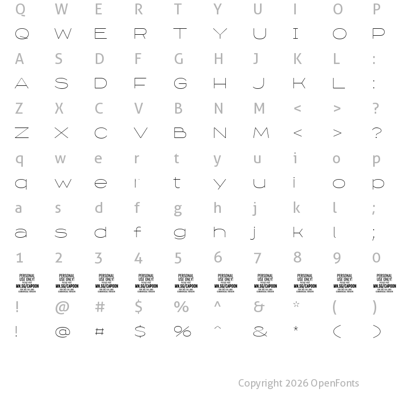Character Map of Capoon PERSONAL USE Thin