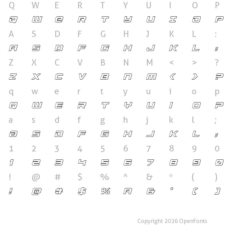 Character Map of Captain Falcon 3D Italic Regular