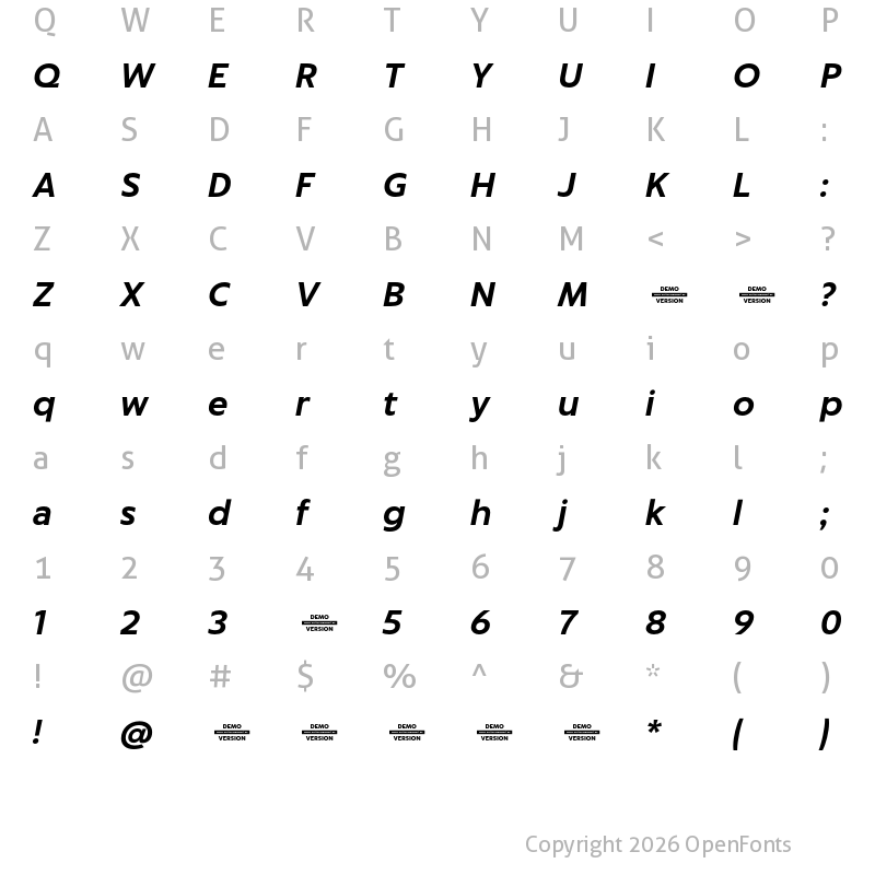 Character Map of Captura Bold Italic Demo