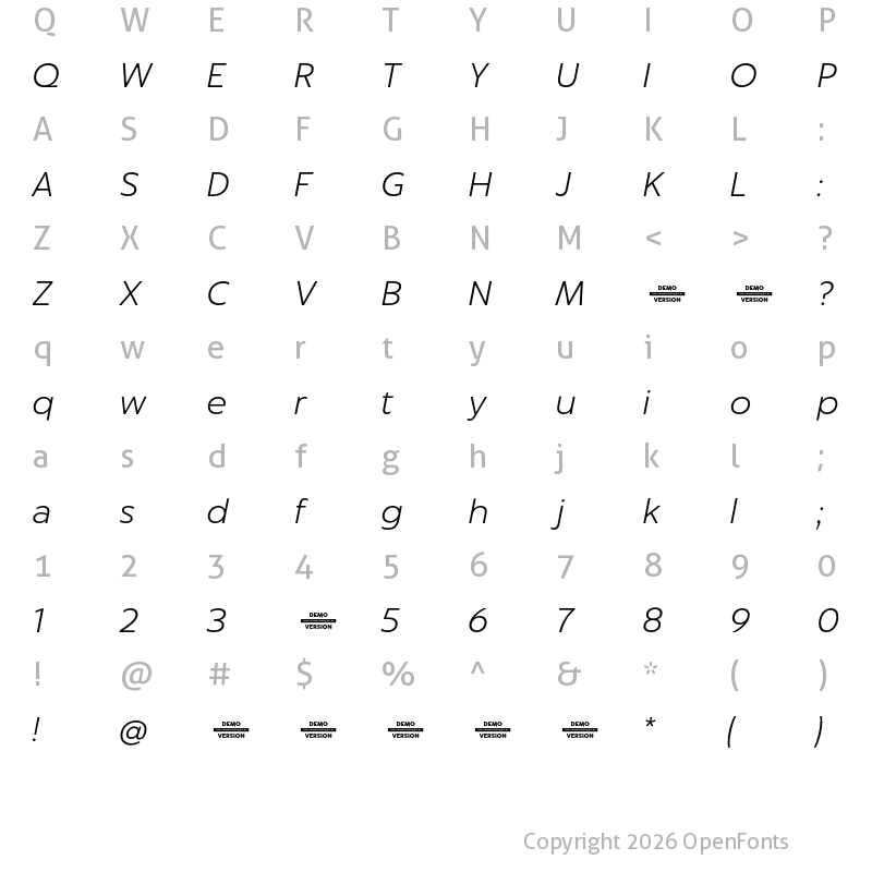 Character Map of Captura Light Italic Demo