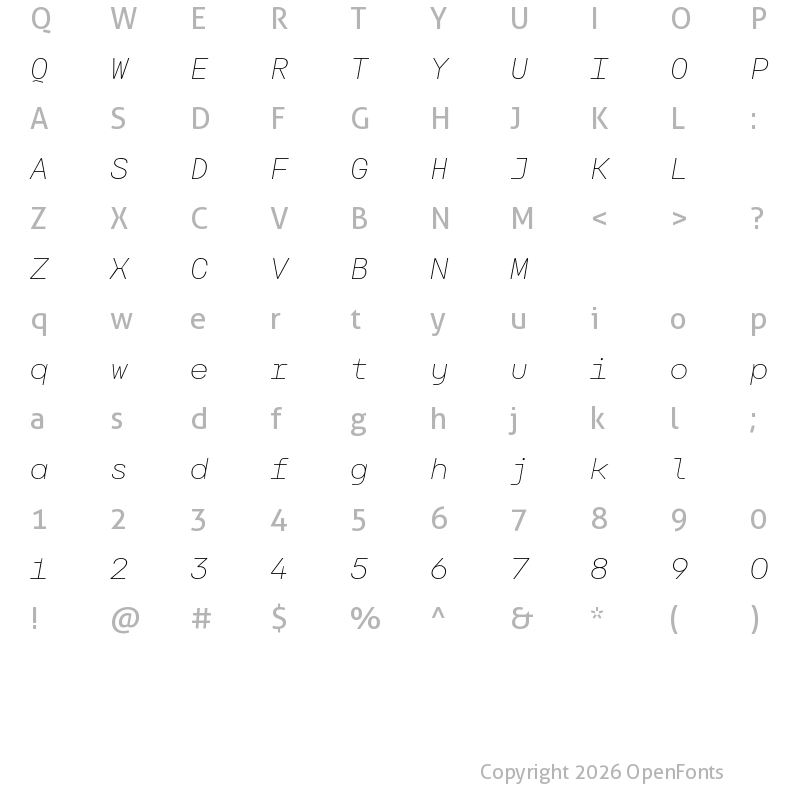 Character Map of Carbona Test Mono ExtraLight Slanted
