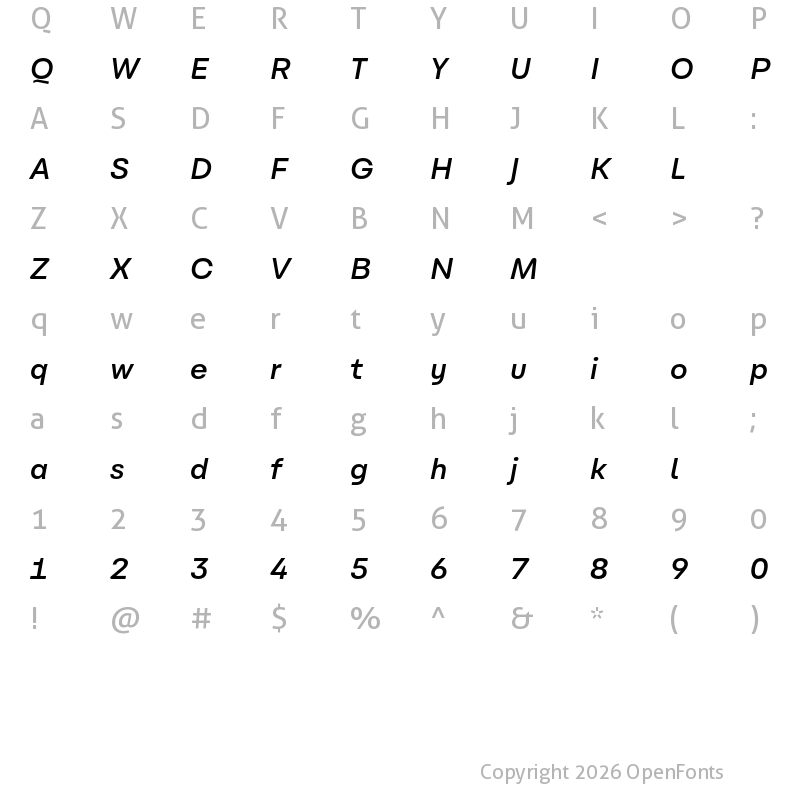 Character Map of Carbona Test SemiBold Slanted