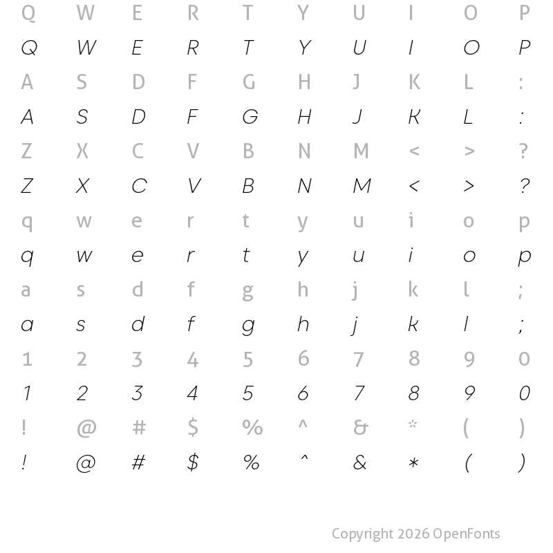 Character Map of Caros ExtraLight Italic