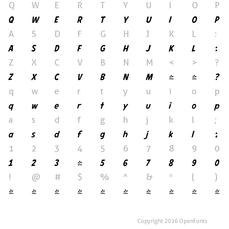 Character Map of CCHeroSandwichPro Medium Italic Italic