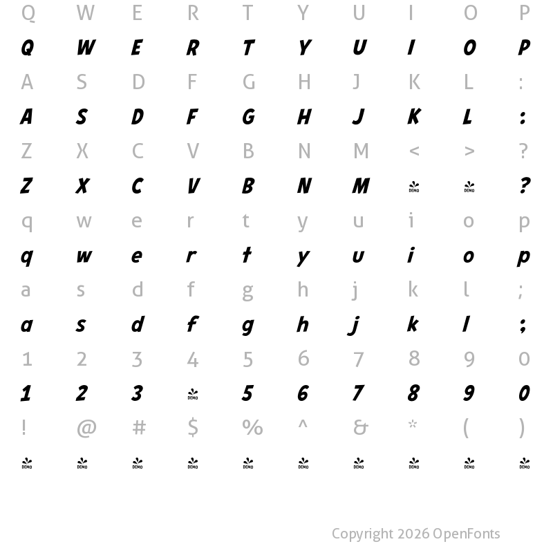 Character Map of CCHeroSandwichPro SemiBold Italic Italic