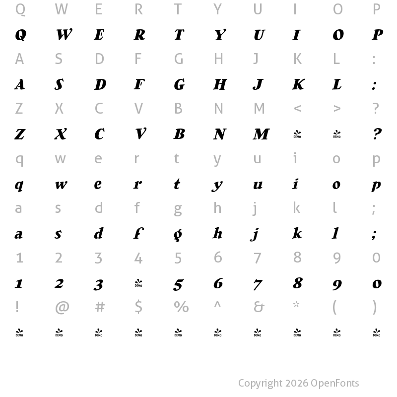 Character Map of CCWuxtryWuxtry Heavy Italic Italic