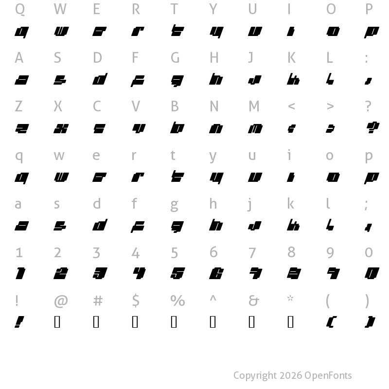 Character Map of cheaptype (italic) Regular