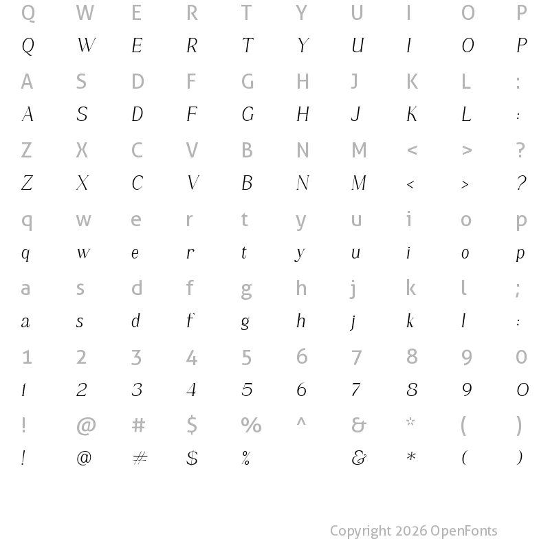 Character Map of Chelvin Serif Italic