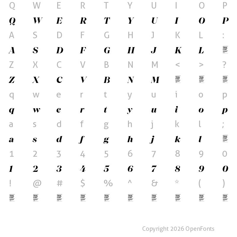 Character Map of Chiaroscura TRIAL Bold Italic