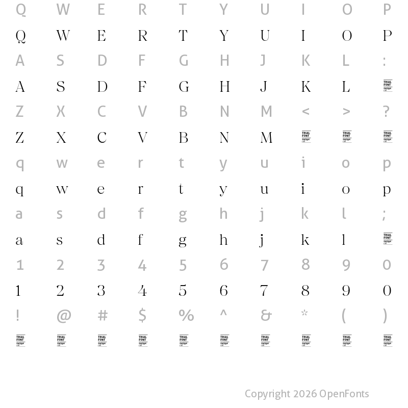 Character Map of Chiaroscura TRIAL ExtraLight