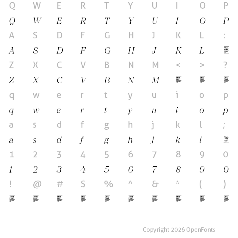 Character Map of Chiaroscura TRIAL ExtraLight Italic