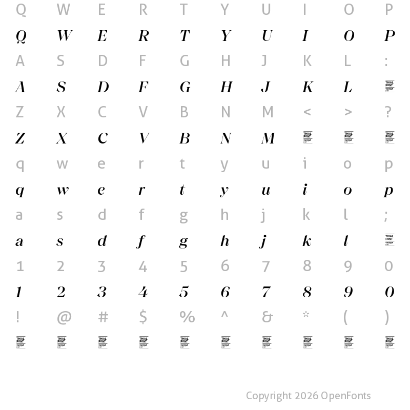 Character Map of Chiaroscura TRIAL Medium Italic