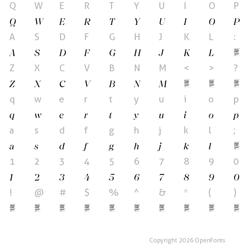 Character Map of Chiaroscura TRIAL Regular Italic