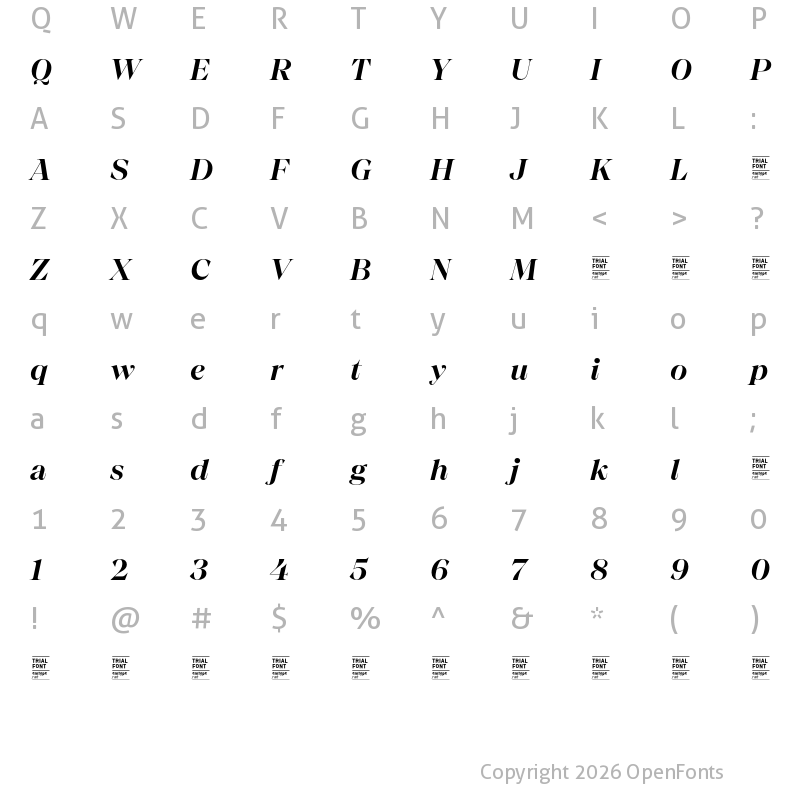 Character Map of Chiaroscura TRIAL SemiBold Italic