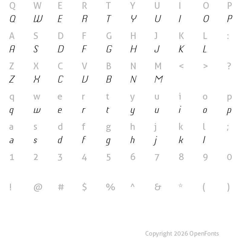 Character Map of Chiq Reduced Light Italic