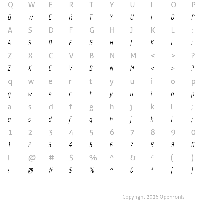 Character Map of Cholla Sans OT Thin Italic