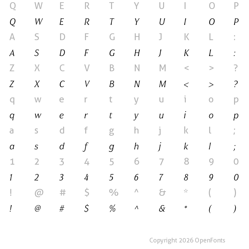 Character Map of Civane Cond Light Italic