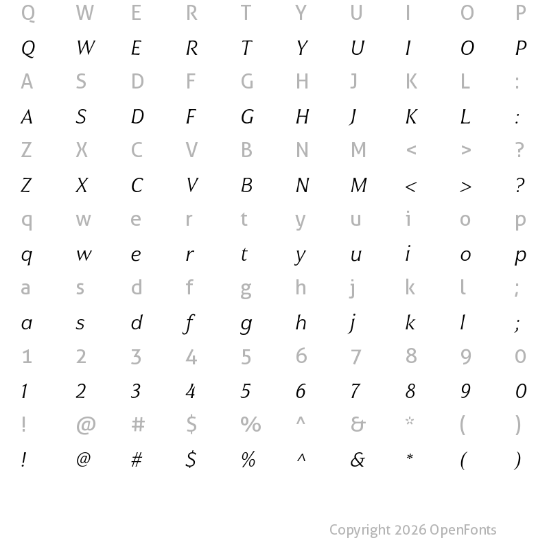 Character Map of Civane Norm Light Italic