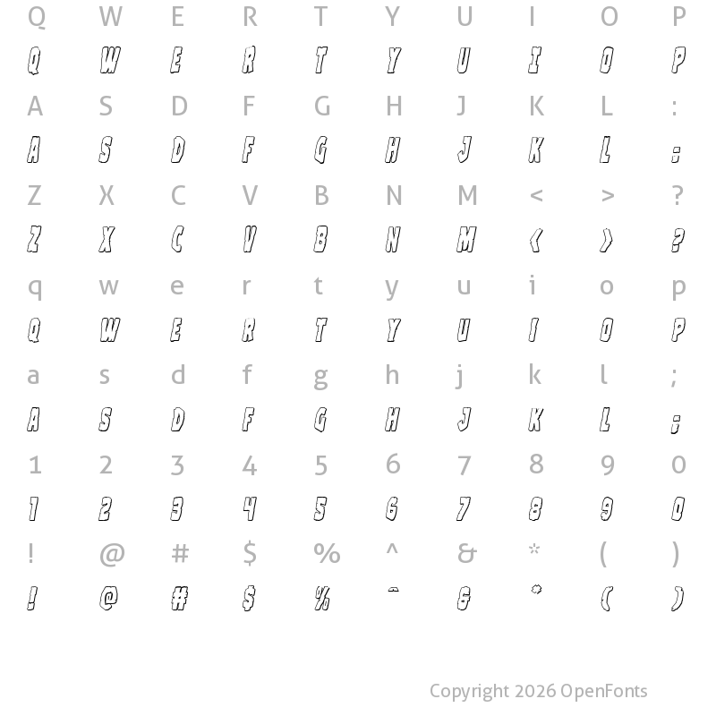 Character Map of Clubber Lang 3D Italic Italic