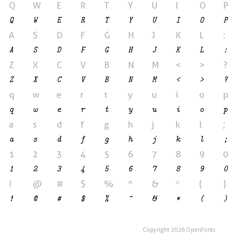 Character Map of CMU Typewriter Text Italic