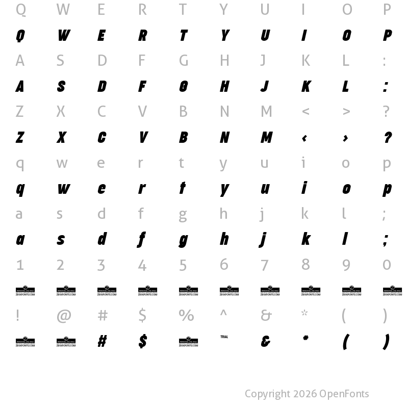 Character Map of Cocogoose Compressed Trial Bold Italic