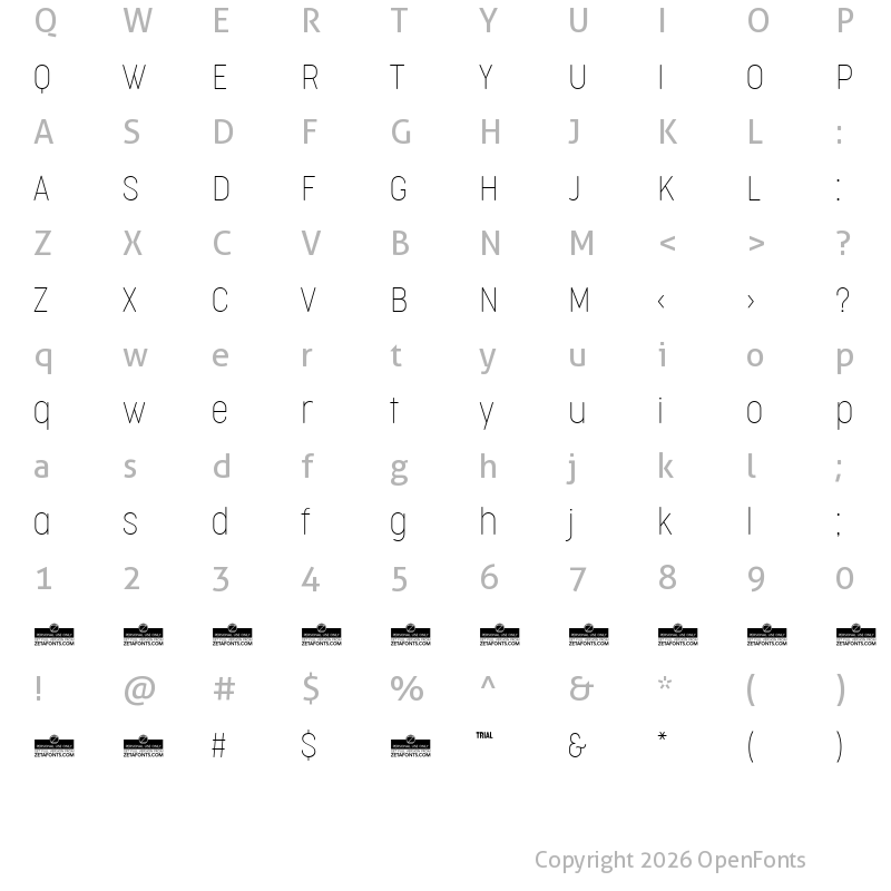 Character Map of Cocogoose Condensed Trial Thin