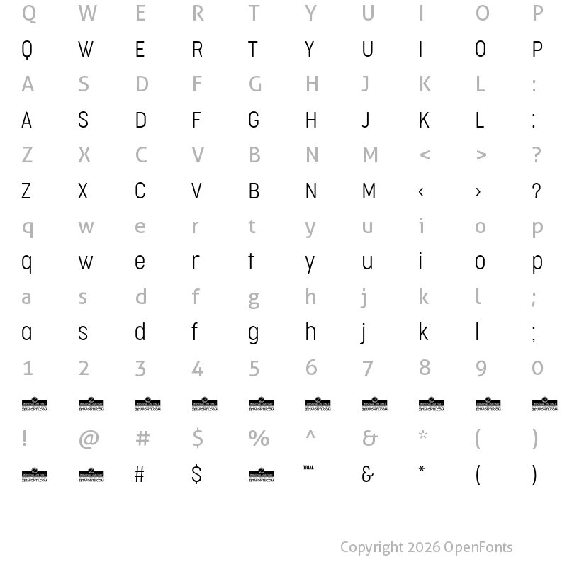 Character Map of Cocogoose Condensed Trial UltraLight