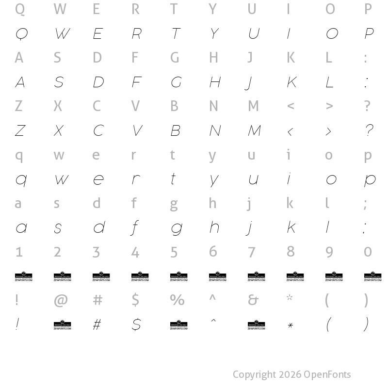 Character Map of Cocogoose Pro Thin Italic