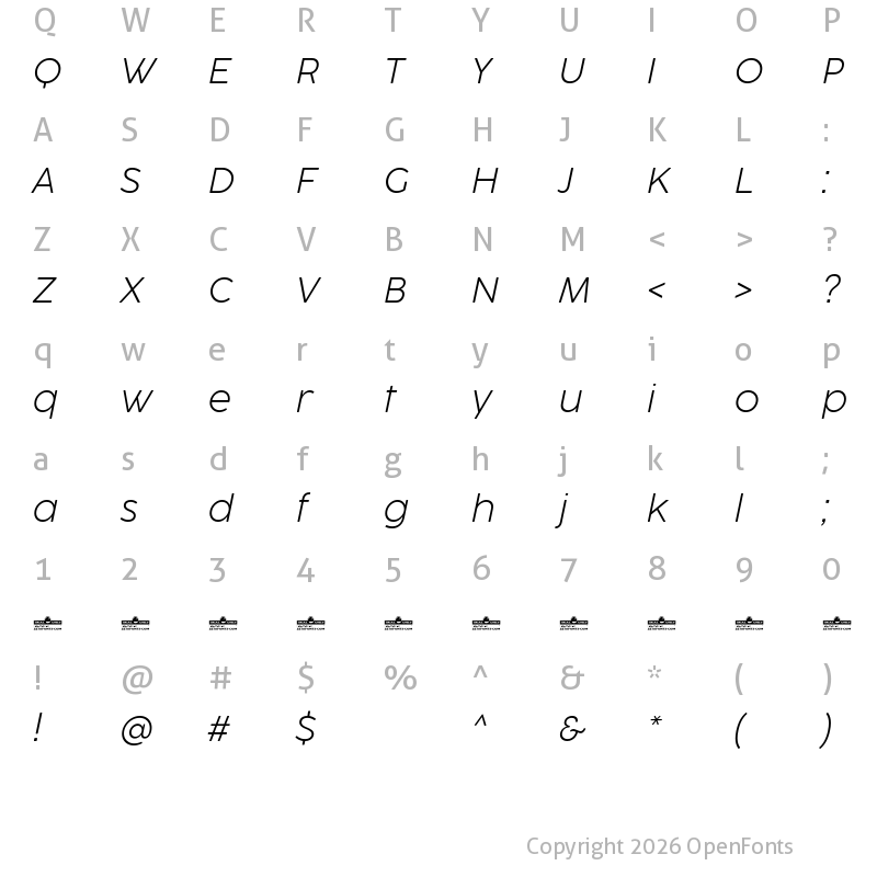 Character Map of Cocogoose ProTrial Ultralight Italic