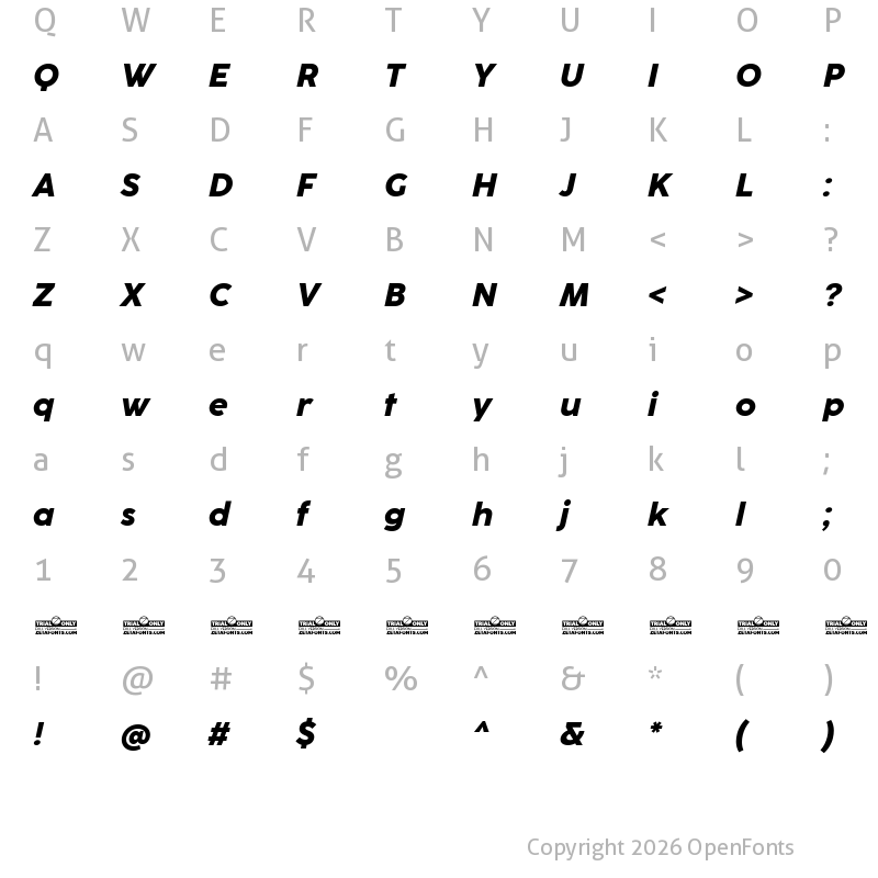 Character Map of CocoSharp Trial Extrabold Italic