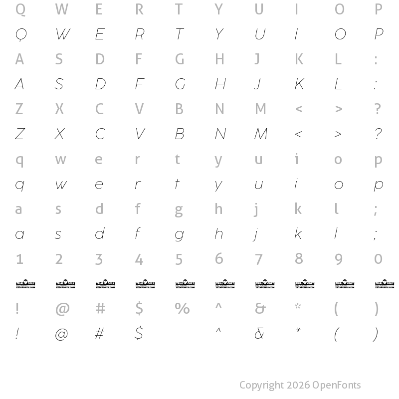 Character Map of CocoSharp Trial ExtraLight Italic